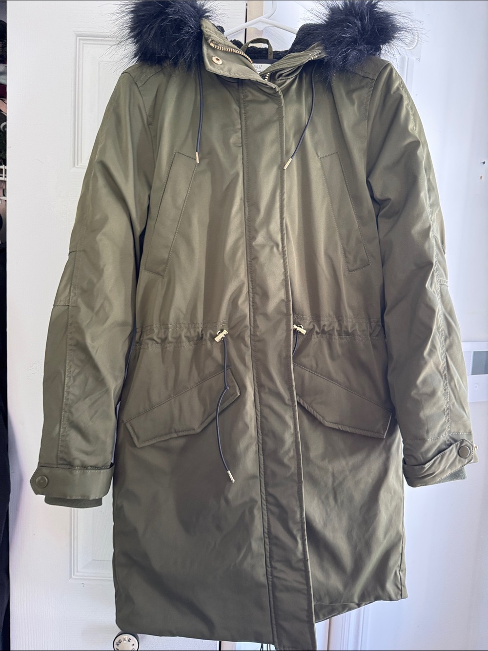 H&M Olive Green Hooded Parka Coat with Faux Fur Trim